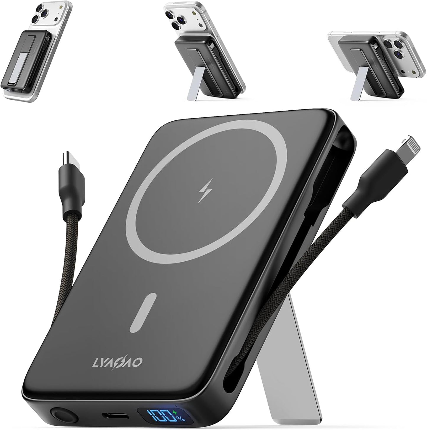 No More Forget Cables! 10000mAh Ultra Slim Magnetic Power Bank, Built-in USB-C & iPhone Cable, 20W Portable Charger with Foldable Stand, for iPhone 17/16/15/14/13/12 Series
