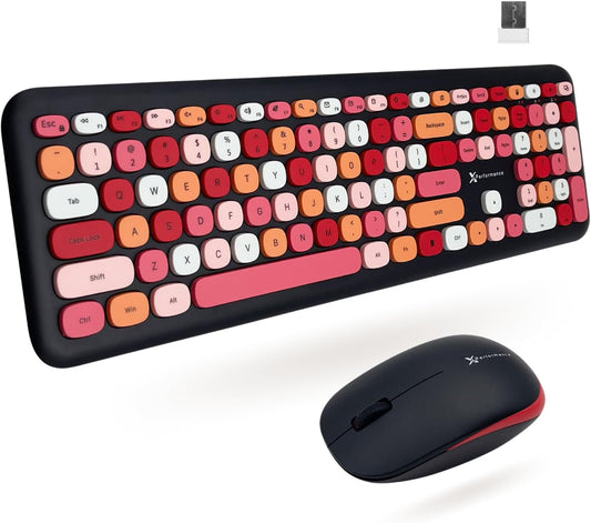 X9 Cute Wireless Keyboard and Mouse Combo - 2.4G Colorful Keyboard and Mouse Wireless with Retro Multi-Colored Typewriter, Keycaps for Windows Computer Keyboard, Laptop - Black