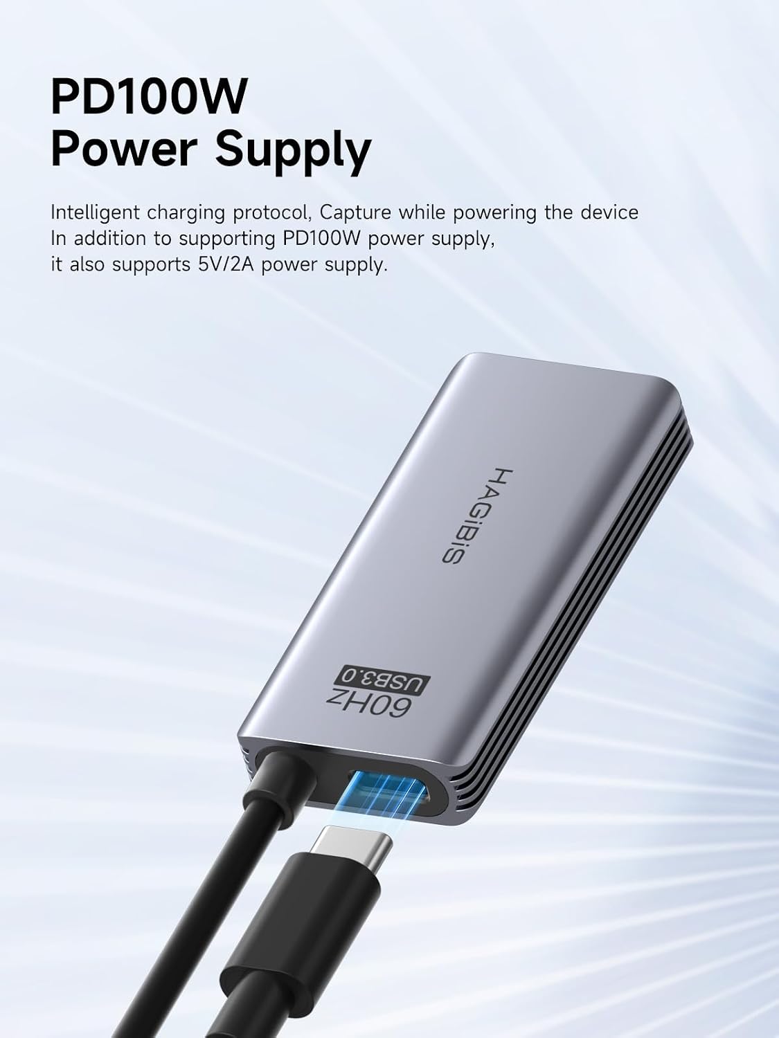 Hagibis USB3.0 Video Capture Card with 100W PD HDMI to USB/USB C 1080P HD 60fps Live and Record Video Audio Game MS2130 for Quest 3 2 Pro VR Switch2 PS4/5 Live Broadcast, Gaming, Streaming (UHC07P)