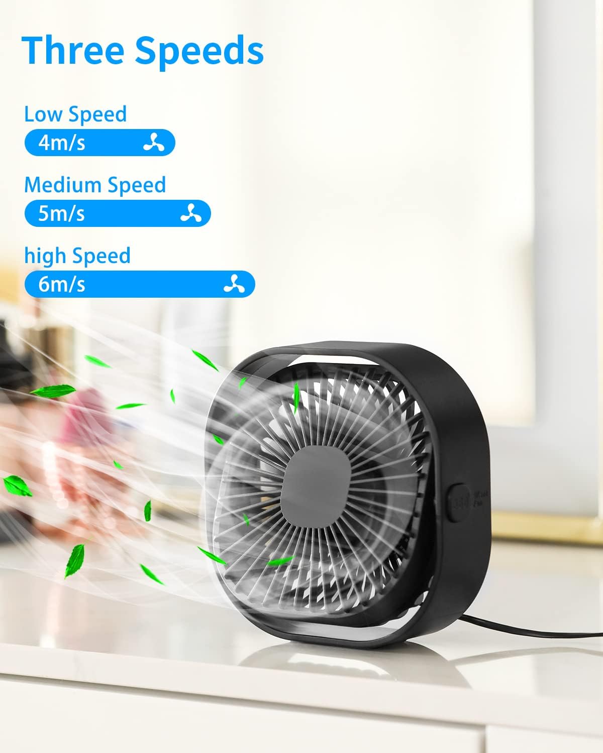 RJVW 4 Inch Small USB Desk Fan, 3-Speed & 360°Rotatable Cooling Fan | USB-Powered Desktop Fan for Home Office Bedroom Dorm Indoor Outdoor Summer Gift