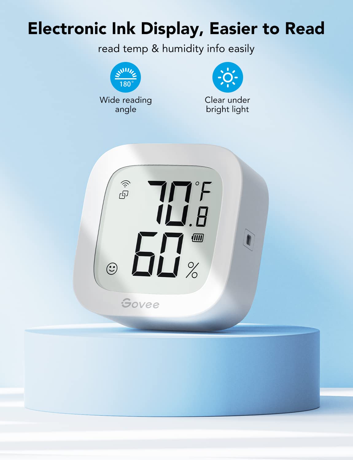 Govee WiFi Thermometer Hygrometer H5103 with Electronic Ink Display | Temp and humidity monitor with alert, 2.4G WiFi & Bluetooth, 2-yr data export. For bedroom, wine cellar, basement