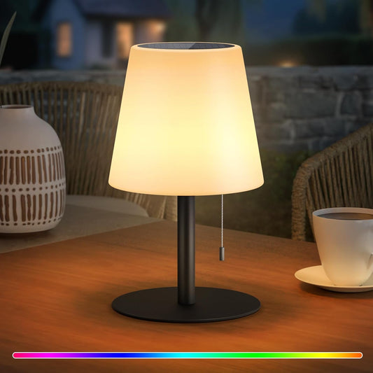 Solar Table Lamp Outdoor, Rechargeable Cordless Patio Lamp with RGB Light | Warm White Dimmable LED, Waterproof Portable Garden Light for Deck, Camping, Dining Table, Indoor Outdoor Ambiance