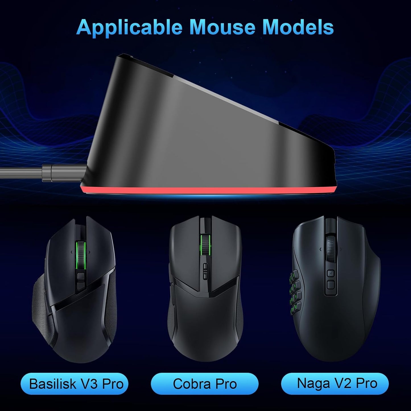 Compact Magnetic Computer Mouse Charging Dock R3 for Razer Basilisk V3 Pro, Cobra Pr, Naga V2 Pro, Auto Shut-Off, Switch LED Charge Status, Anti-Slip Base, 6.6ft Cable