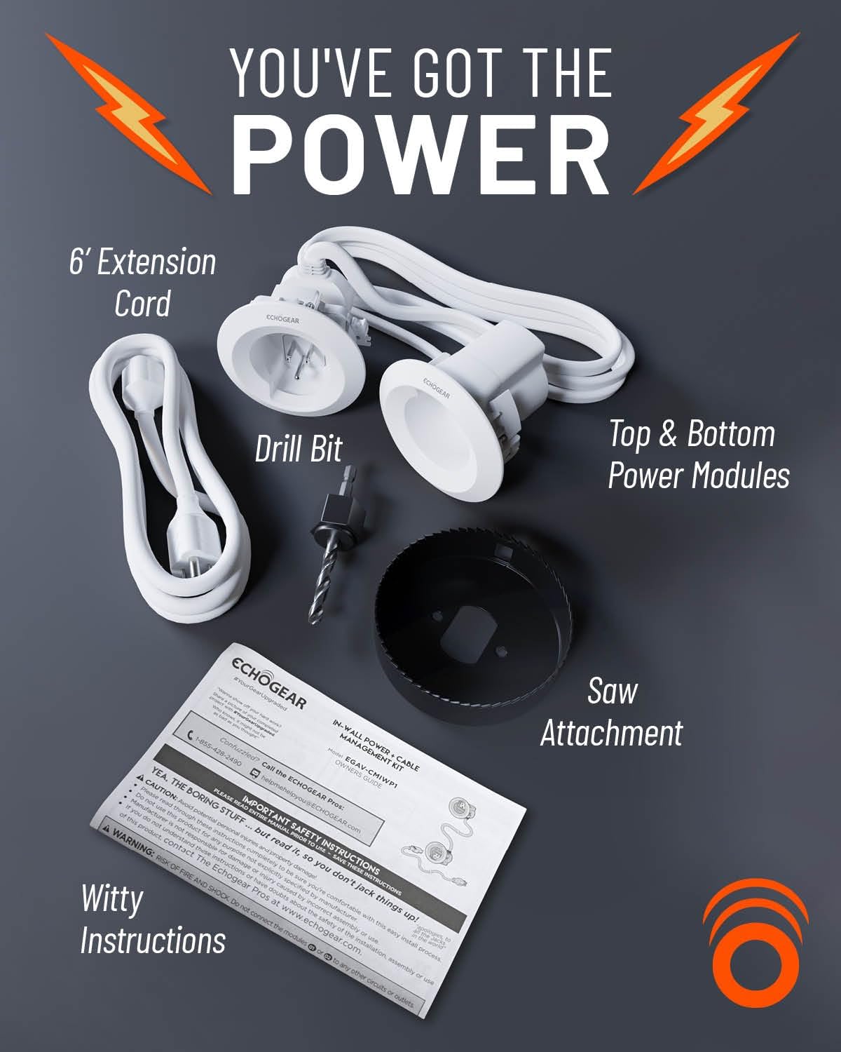 ECHOGEAR in-Wall Cable Management Kit for Power & Low Voltage Cords – Hide TV Wires Behind the Wall – Includes 3.75” Diameter x 3.25” Depth Modules, 6ft Extension Cord, Drywall Hole Saw Attachment