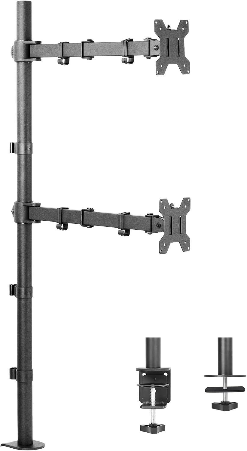 VIVO Extra Tall Vertically Stacked Dual Monitor Desk Mount Stand with 39 inch Stand-up Pole, Fully Adjustable Extended Arms, Fits 2 Screens up to 27 inches, STAND-V012T
