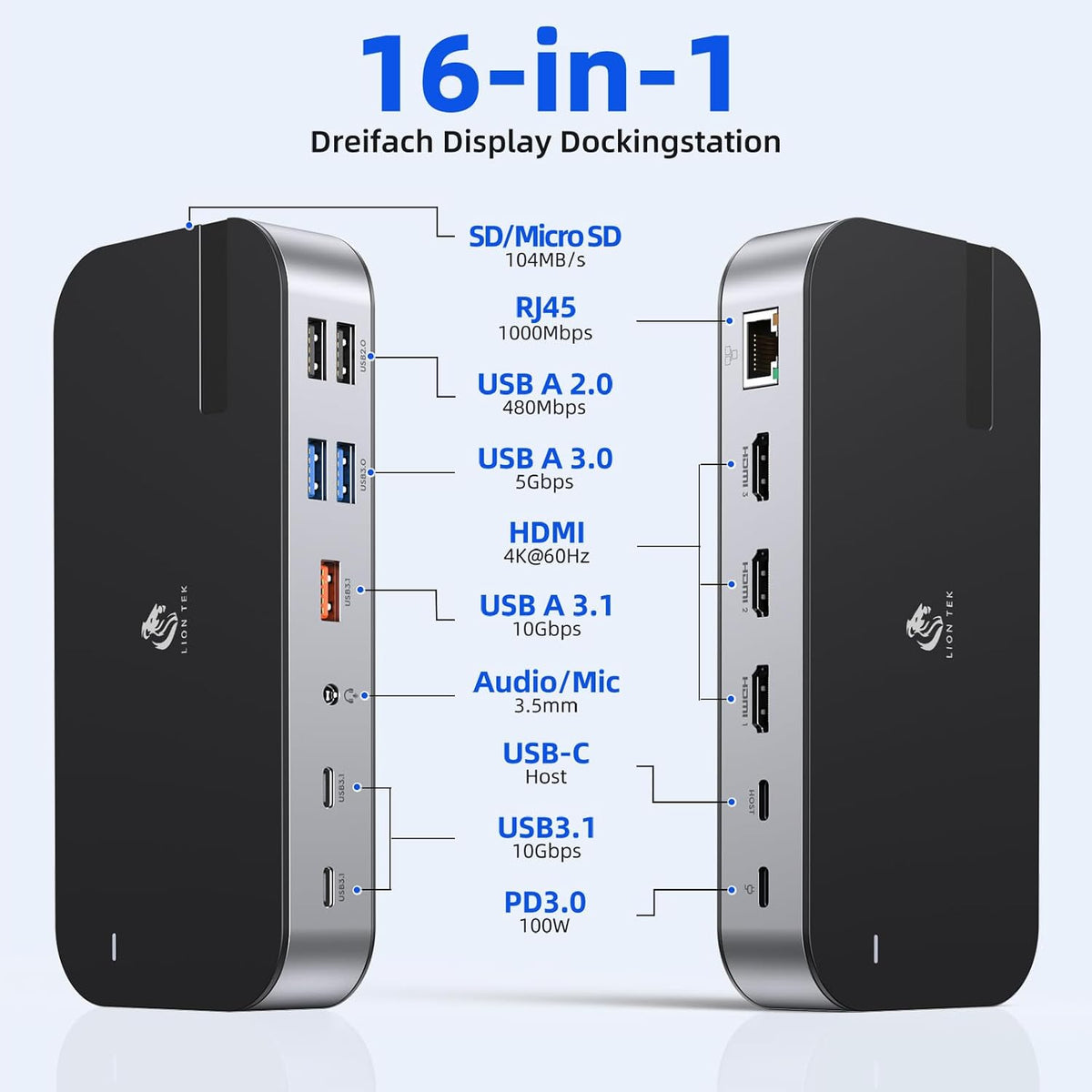 LIONWEI Laptop Docking Station,16 in 1 USB C Docking Station Triple Monitor