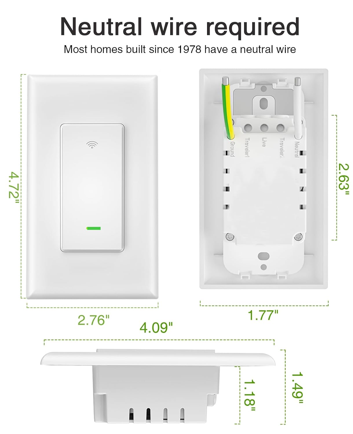 GHome Smart Switch, 3 Way Light Wi-Fi Switch Compatible with Alexa and Google Home, 2.4GHz Schedule Timer, Neutral Wire Required, 3-Way Installation and No Hub Required, FCC Listed (2-Pack), White