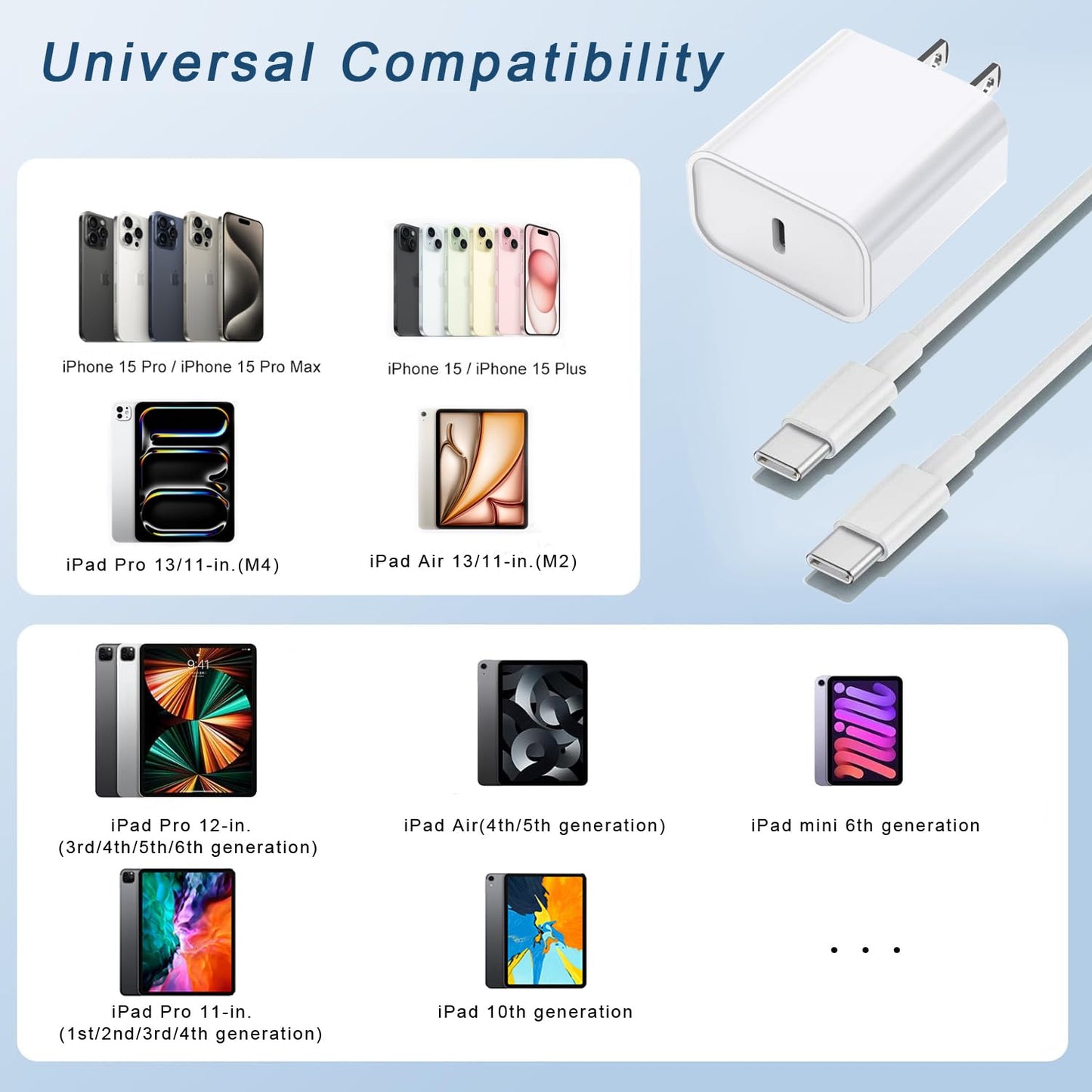 10FT Fast Charging Cord for iPhone 17 16e 15,3Pack Extra Long 10Foot USB C to Type C Charger Cable 20W USBC Charger Block Cube Super Quick Charging for iPhone 17 Air/17 16 15 Pro/Plus/Pro Max,iPad Pro