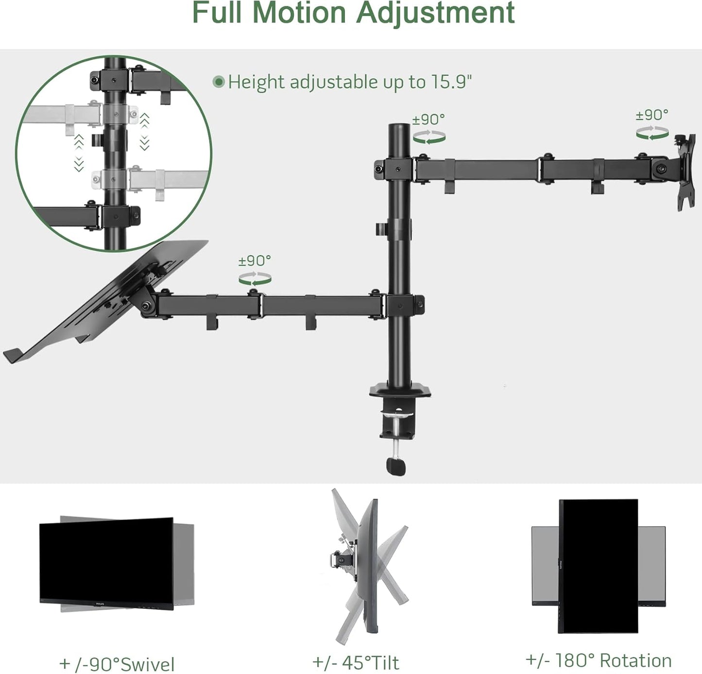 Monitor and Laptop Mount for 13"-27" Screens and Notebook up to 17 inch | Monitor Arm with Vented Tray, Fully Adjustable Laptop Mount Stand Holds up to 17.6lbs, VESA 75/100mm