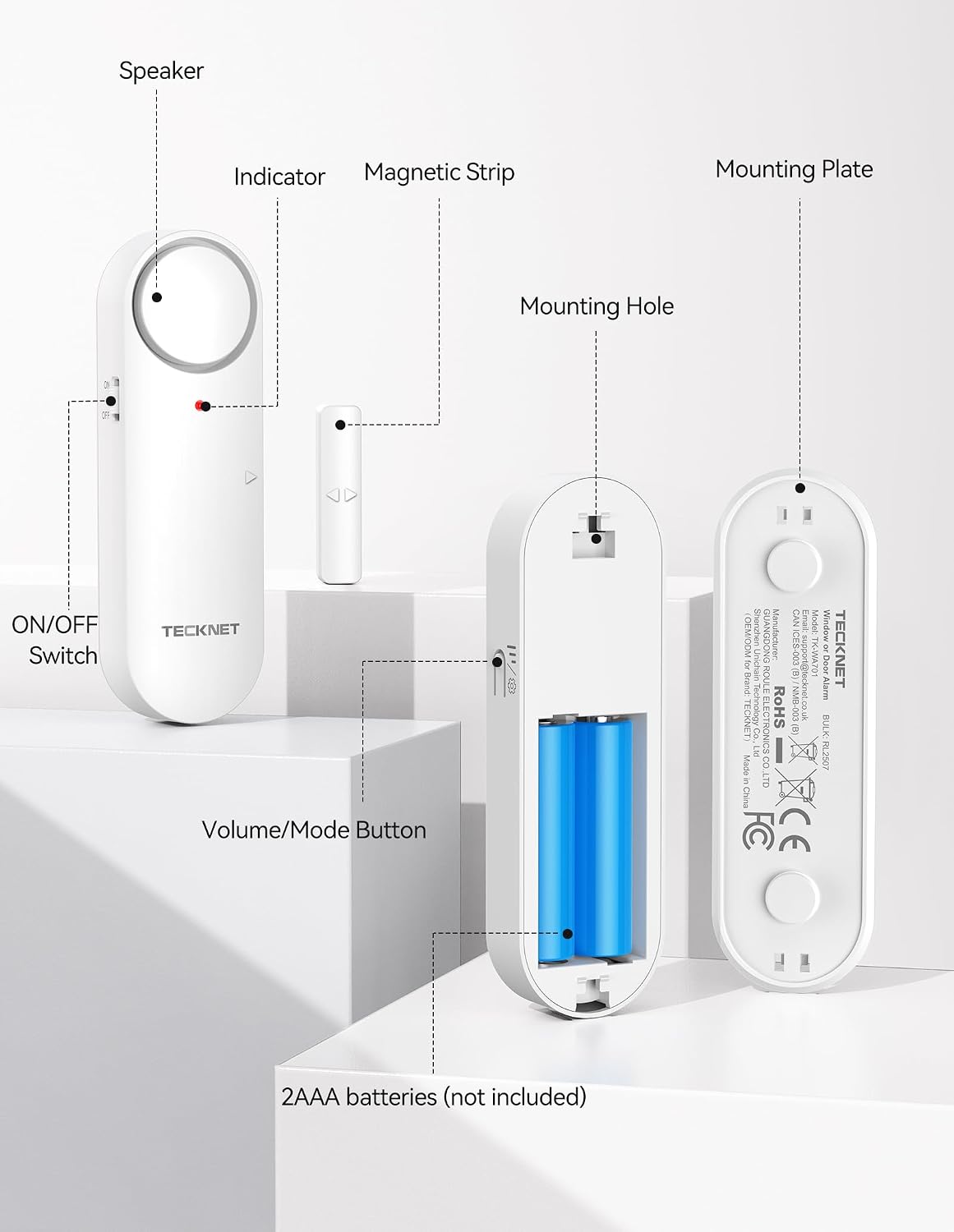 TECKNET Door Alarms When Opened, Window Door Alarm for Kids Safety, 2-in-1 Alarm & Chime, Door Sensor for Home Security, 3-Level Volume Control, Window Alarms for Garages, Apartment, 3Pcs