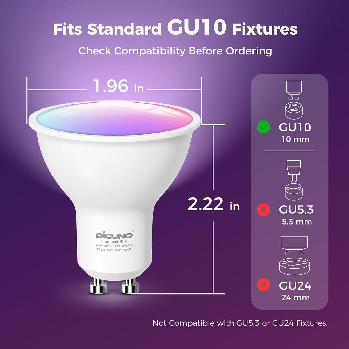DiCUNO GU10 Smart LED Bulb, Color Changing, 50W Equivalent, 450LM, 4-Pack
