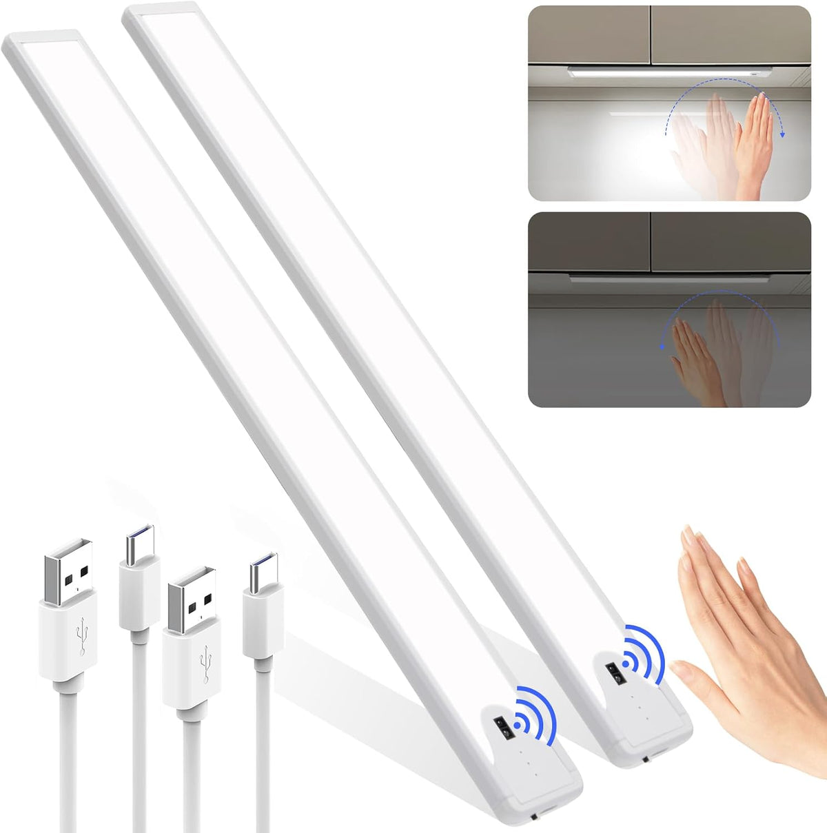 16 Inch Under Cabinet Light, Hand Wave Sensor 83 LED Indoor Cabinet Lighting, USB Rechargeable Cordless Closet Light, Stepless Dimming Under Counter Light for Kitchen, Shelves, Bedroom, 2 Pack
