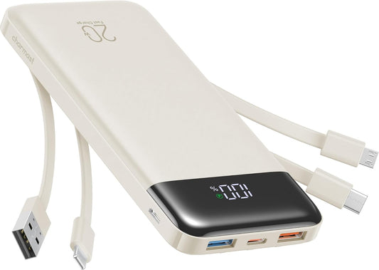 charmast Portable Charger Built-in Cables, 20000mAh Power Bank 6-Output | Travel Fast Charging Battery Pack for iPhone 17/16/15 Samsung Android, Flight-Approved, Multi-Device, USB-C & USB-A, LED %