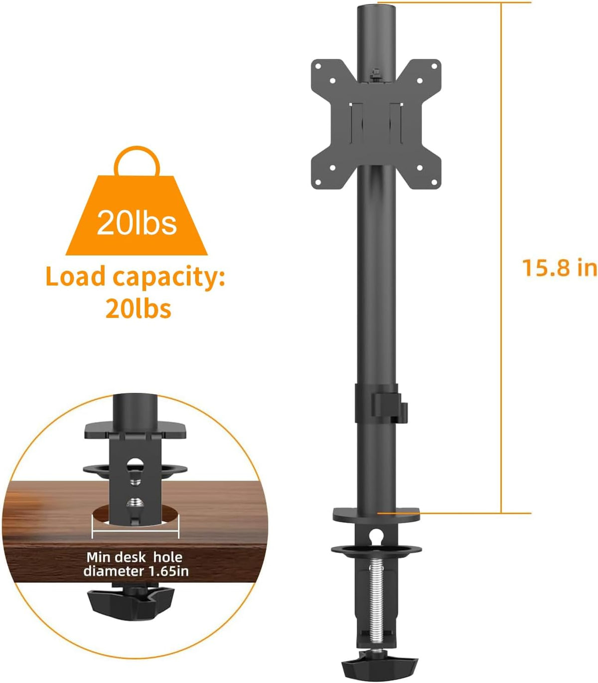 PHOLITEN Monitor Mount for Most 13-32" Computer Screens up to 20lbs,Adjustable Single Desk Monitor Stand with Tilt Swivel Rotation, VESA 75x75mm/100x100mm | Adjustable Single Desk Stand, Tilt Swivel Rotation, VESA 75x75/100x100mm