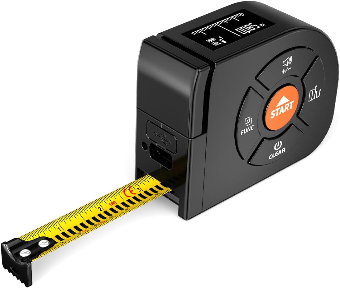 Laser Tape Measure 3-in-1, 196ft/60m Laser Distance Meter, 16ft/5m Digital Tape Measure, Regular Tape Measure, Area Volume Measuring Pythagorean Mode, Rechargeable