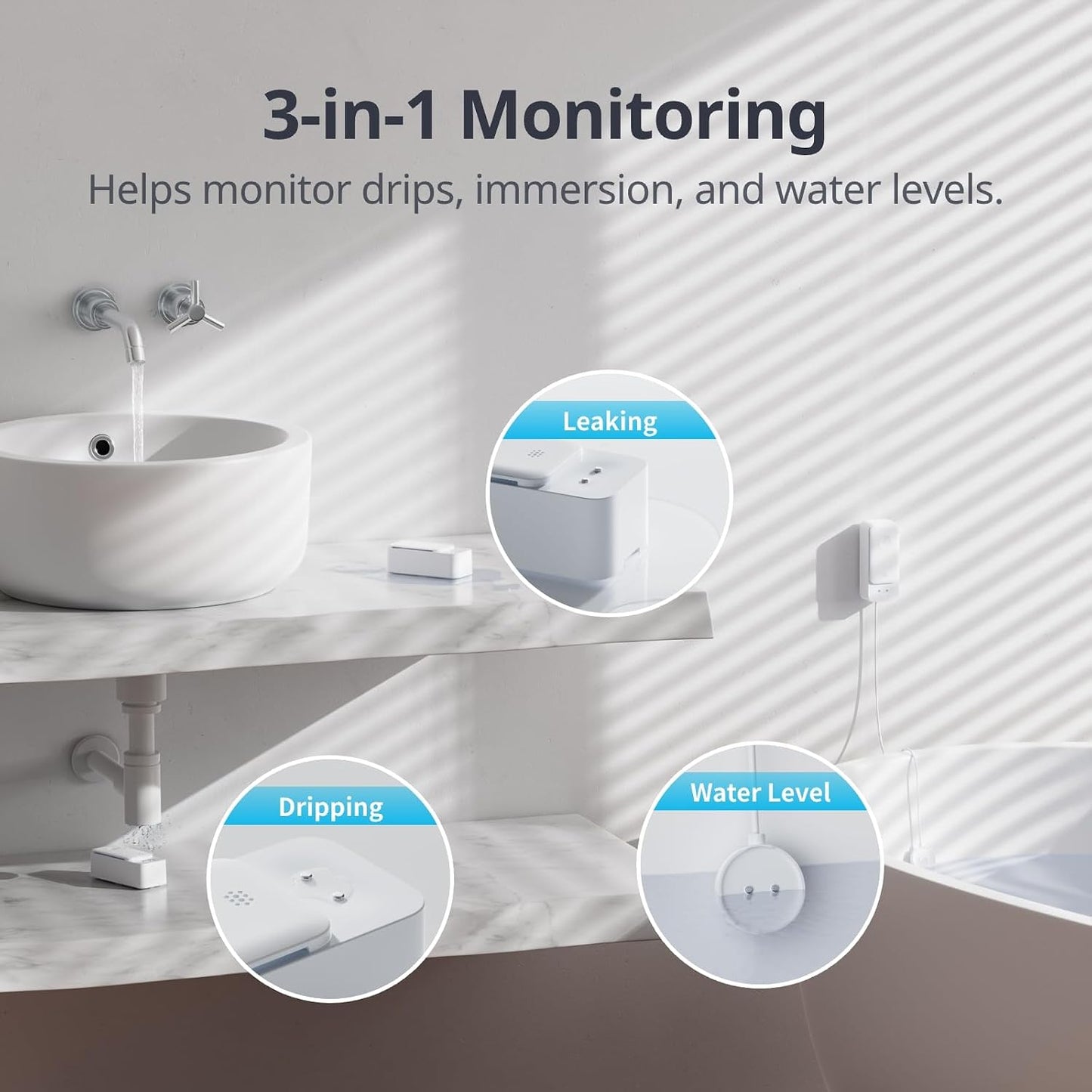 SwitchBot WiFi Water Leak Detector, Smart Water Sensor with 100dB Adjustable Alarm&App Alerts, IP67 Waterproof, Detector for Home with Cable, No Hub Required (Support 2.4G) (White, Pack, 1)