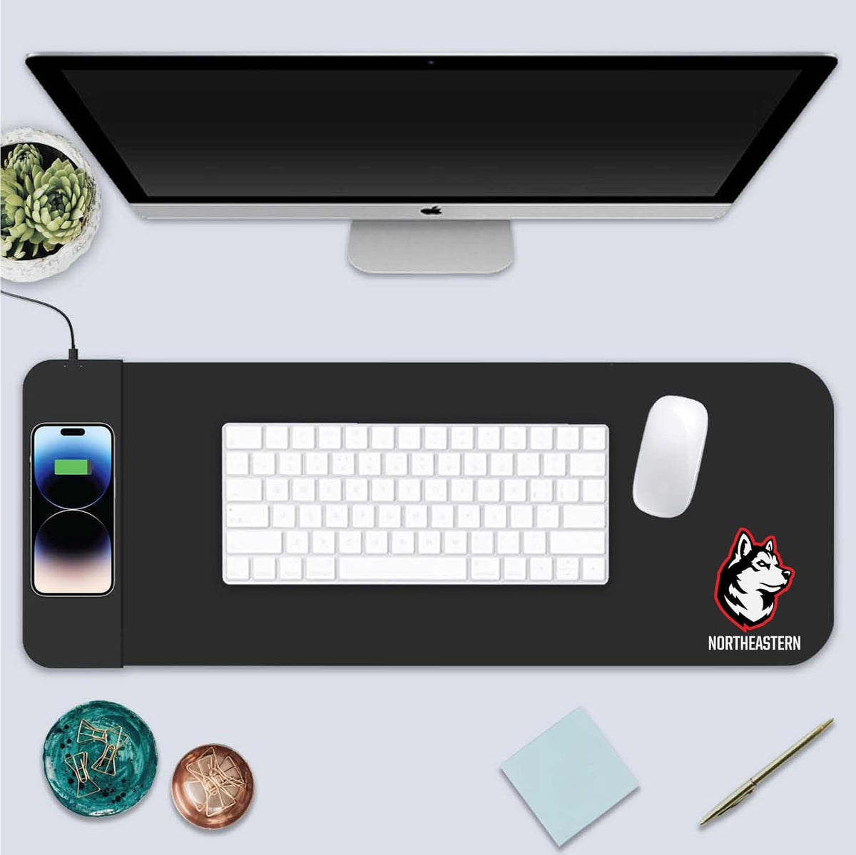 OTM Essentials Northeastern University Classic Wireless Charging Cloth Desk Mat, Durable Office Supplies, Non-Slip Base, Quick Charging Wireless Desk Pad, Black