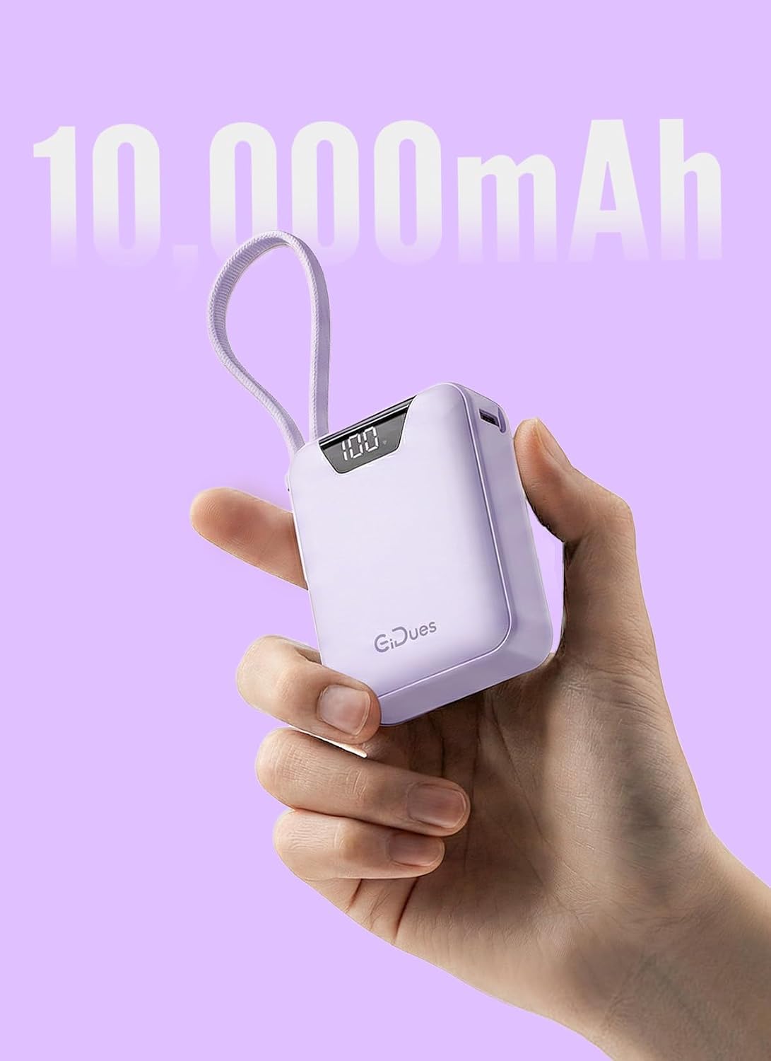 M1 Mini Portable Charger, 10000mAh Ultra-Compact Power Bank, 22.5W PD Fast Charging, Tpye-C Built-in Cable, Small External Battery Pack for iPhone, Samsung, Android iPad (Purple)