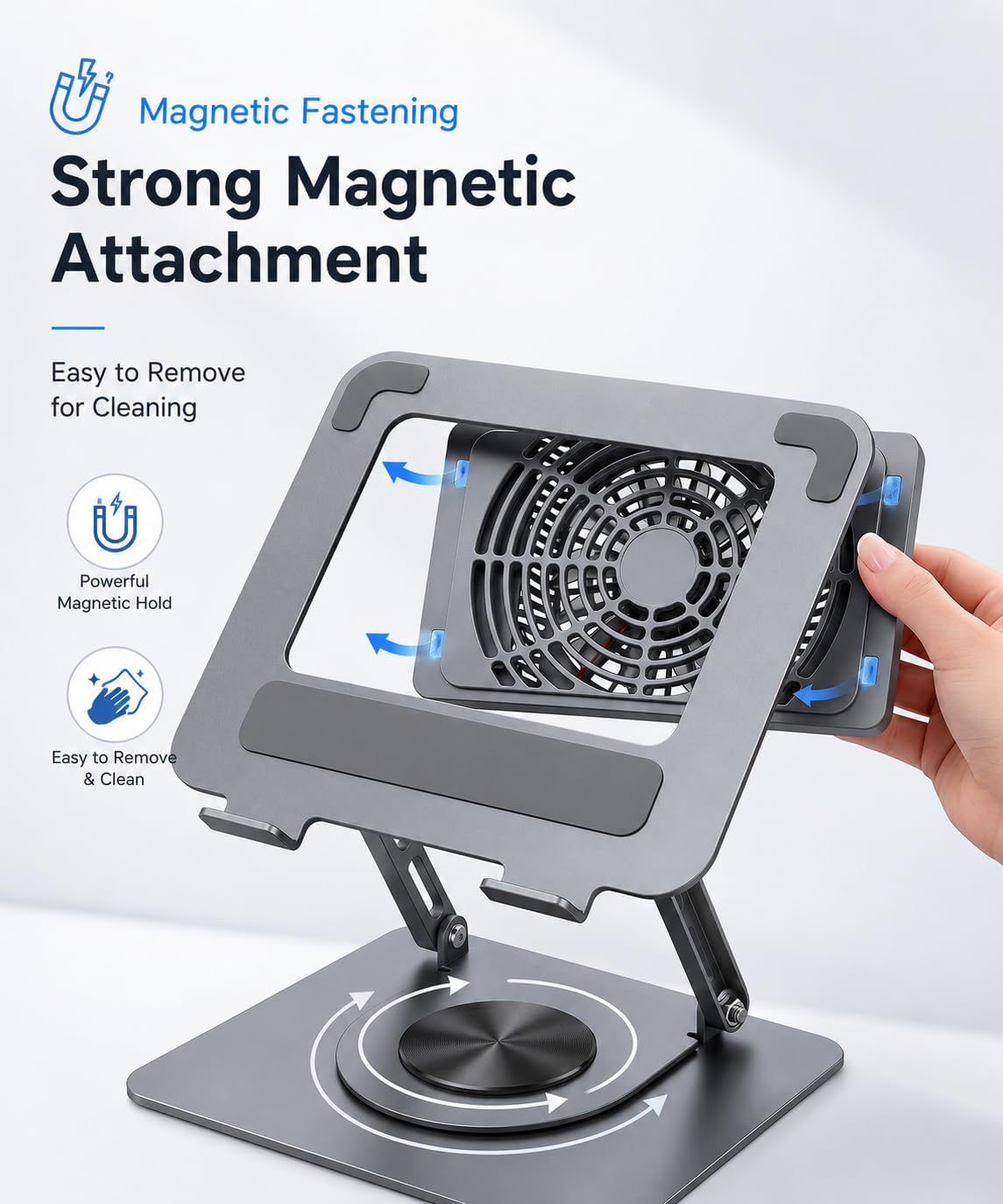 360° Rotating Laptop Cooling Pad with Detachable Magnetic Fan & 4 USB 3.0 Hub, Foldable Ergonomic Computer Riser, Compatible with MacBook Pro, Compatible with Dell, Fits 10-17” Laptops