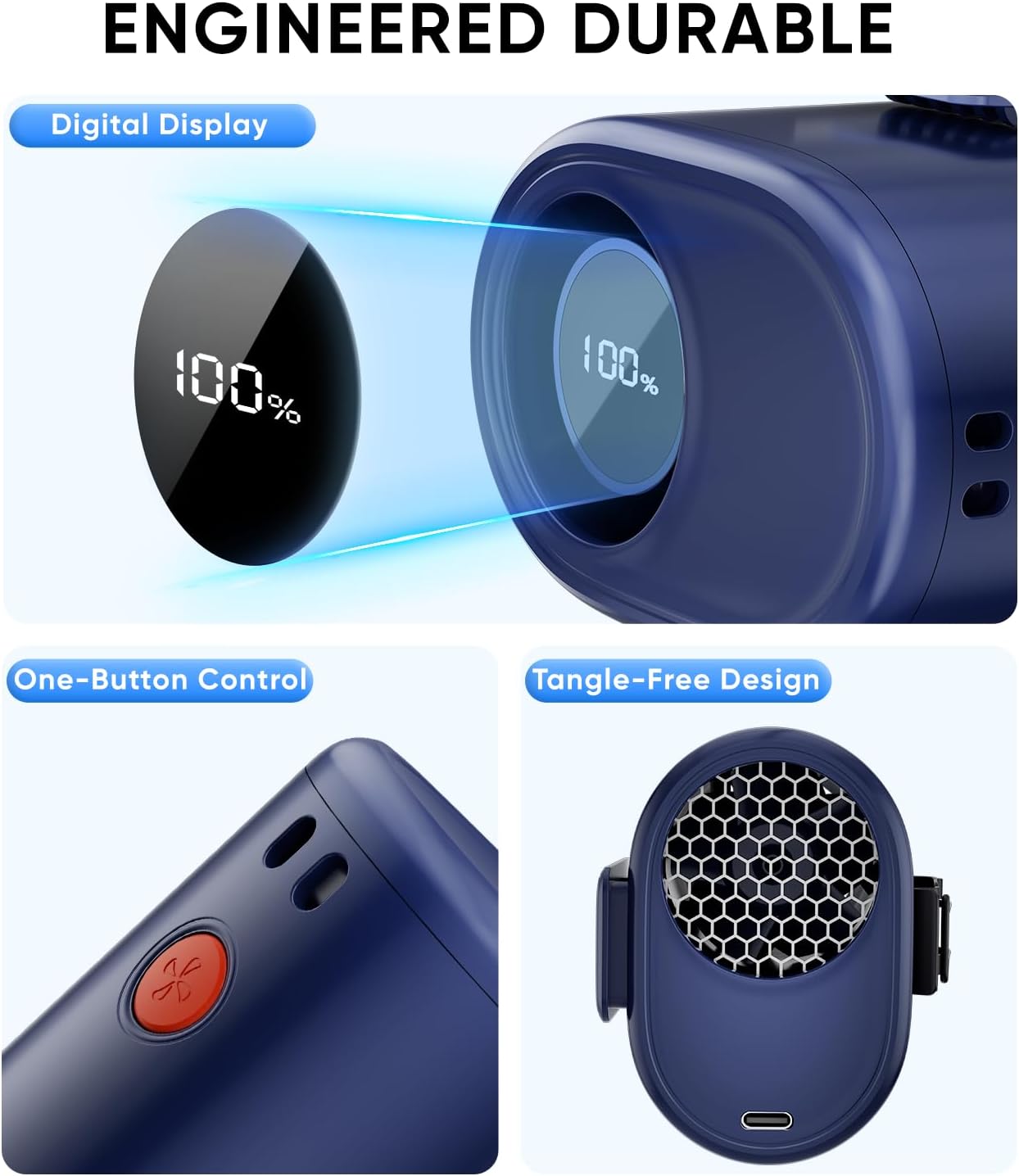 AI Portable Waist Fan, 6-Speed 15,000RPM Strong Turbo Airflow, 30H Cooling Battery Powered Personal Fan Rechargeable, Wearable Hands-Free Shirt/Belt/Body Fan for Travel, Work, Outdoor, Blue
