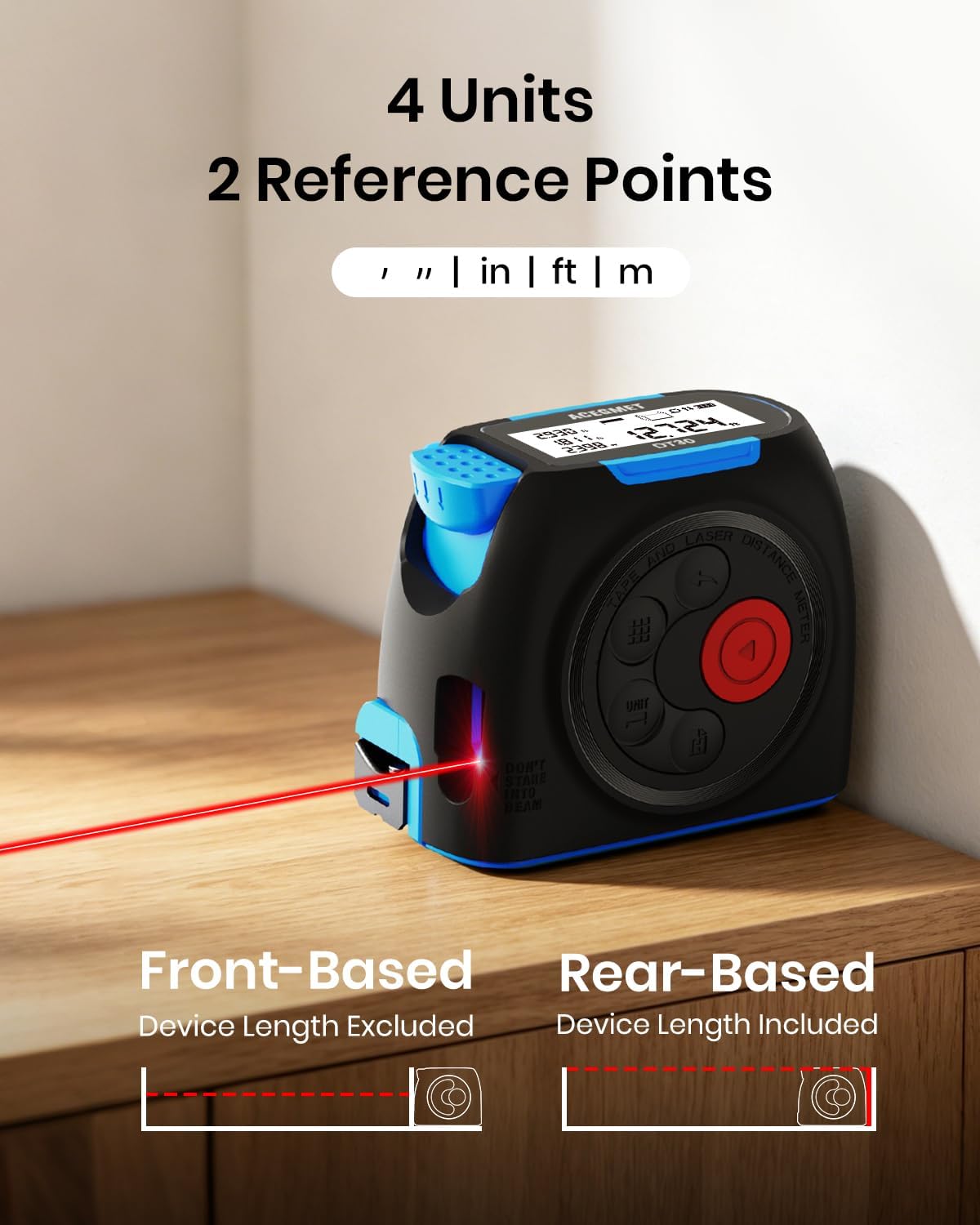 3-in-1 Digital Tape Measure, 130ft Laser Distance Meter and 16ft Auto-Lock Measuring Tape, Smart App Sync for Floor Planning, ±1/16" High Precision, 2" Backlit LCD, USB-C Rechargeable, IP54