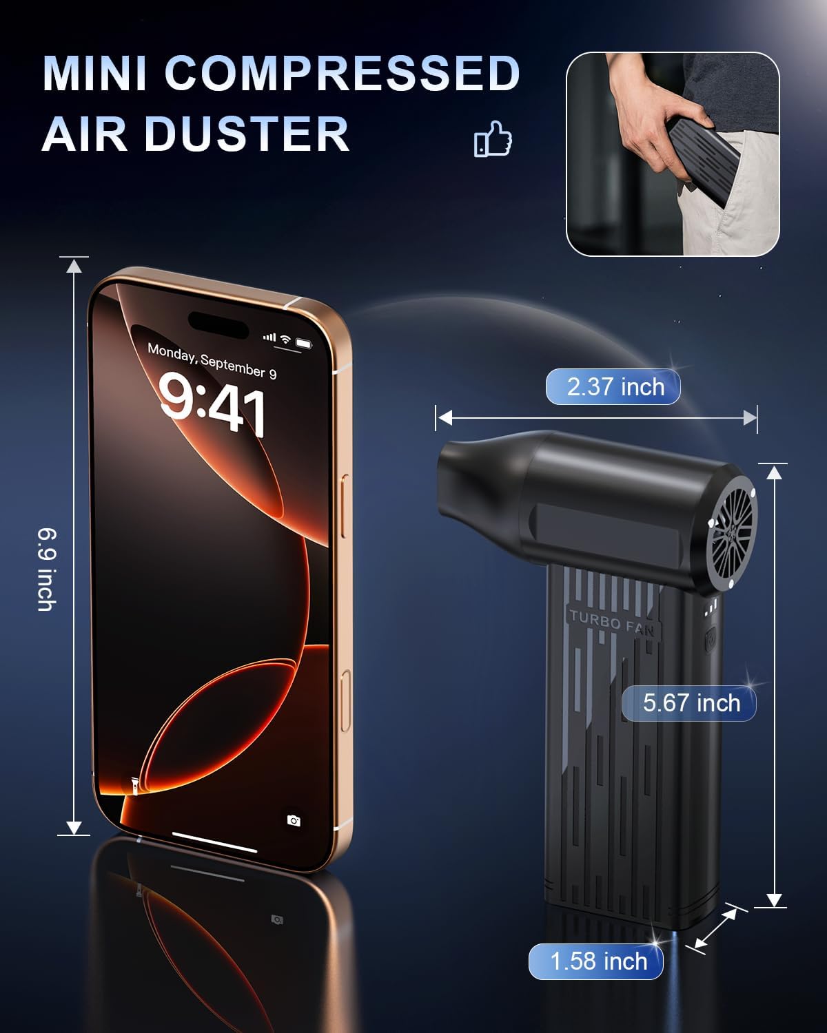 Rechargeable Compressed Air Duster, Min Blower Jet Turbo Fan, 200,000RPM 3-Gear Adjustable,Car Dryer Air Blower Cleaning,Air Cleaner for Computer,Cordless Leaf Blower Multi-Use