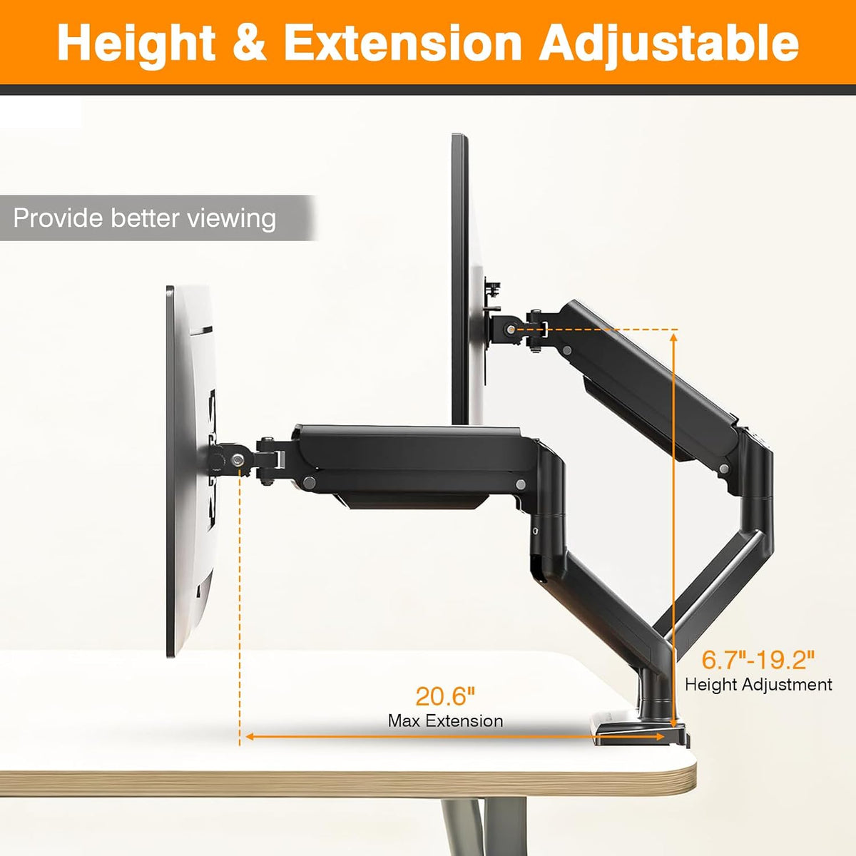 Dual Monitor Arms, Gas Spring Monitor Arms for 2 Monitors up to 34" Curved/Flat, 22lbs per Arm, VESA Mount 75x75 100x100mm, C-Clamp & Grommet Base, Adjustable Tilt/Swivel/Rotation