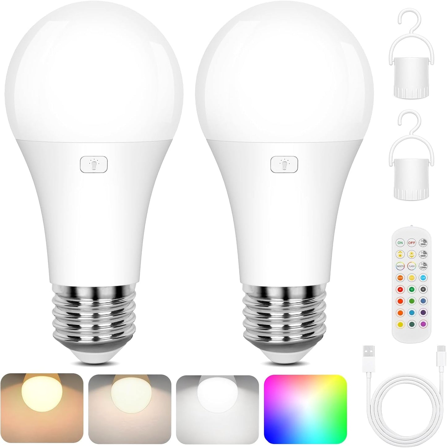 Yochoice Rechargeable Battery Operated Light Bulb with Remote & Timer, Dimmable Backup Magnetic LED Bulb with 15 Colors, Wireless Puck Light Bulb for Wall Sconce Lamps, Non-Hardwired, 2-Pack