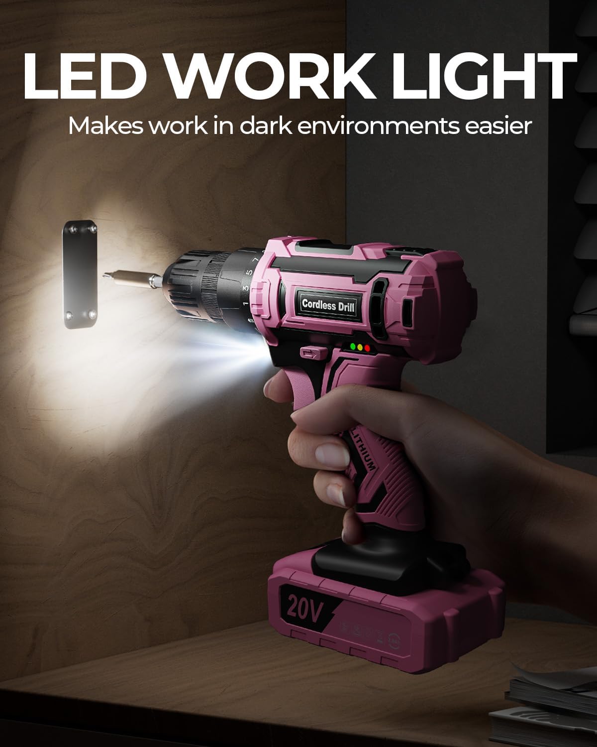 Pink Cordless Drill Set, VIWKO 20V Electric Power Drill for Women, Lightweight Electric Screwdriver Driver with Power Pack & Charger, 3/8" Keyless Chuck, Womens Tool Kit for House