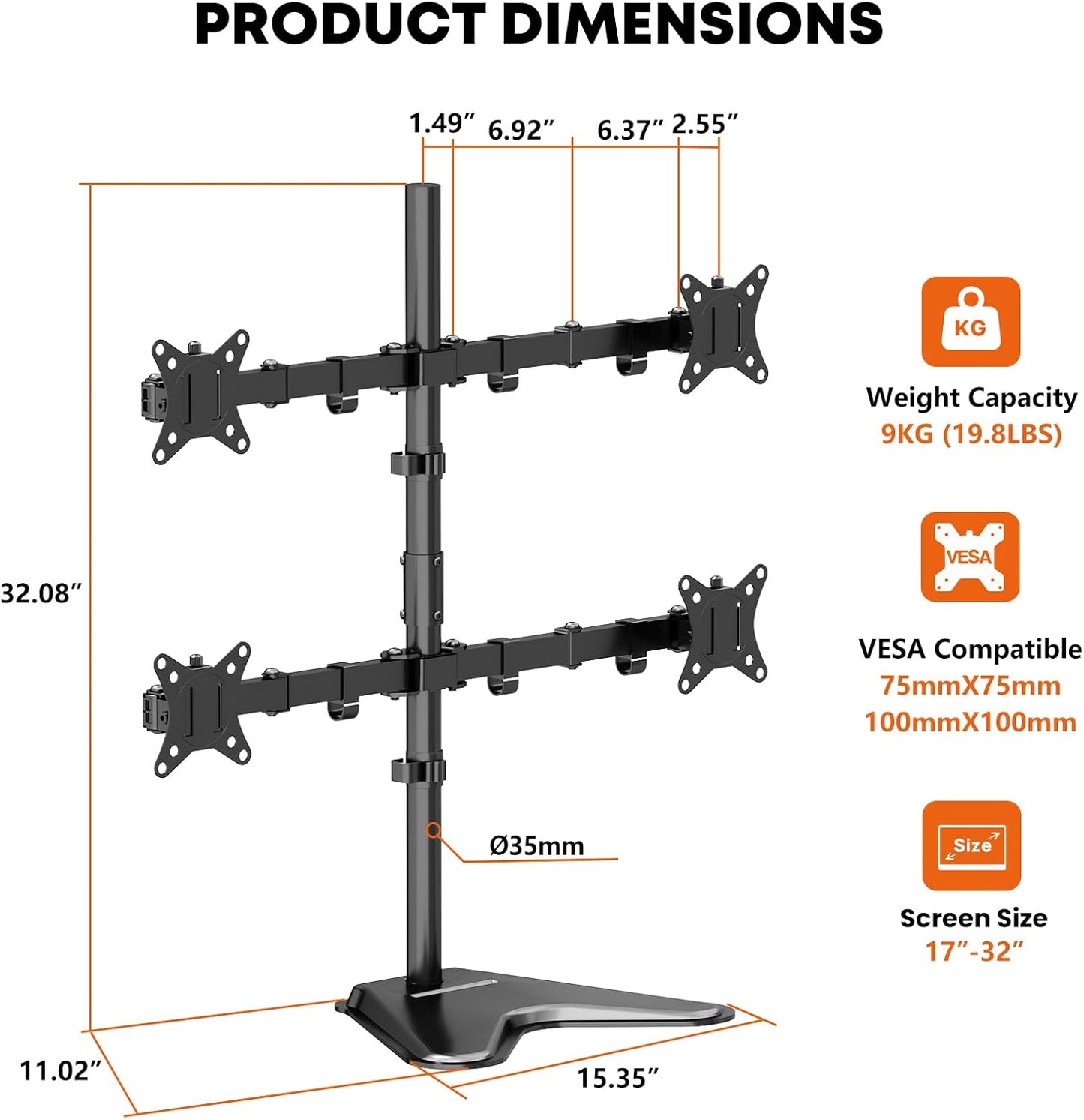 PUTORSEN Quad Monitor Stand for 4 Screens, 17-32", 19.8 lbs Each | Stacked 4-Screen Desk Mount with Full-Motion Arms, VESA 75/100, Tilt, Swivel & Rotation, Larger Base with Phone Slot, Black