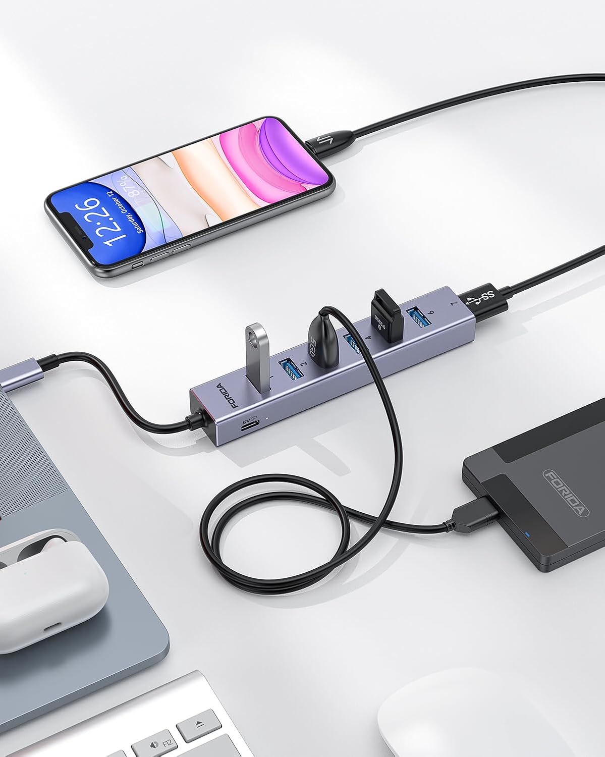 FORIDA USB C Hub-8 Port USB HUB with 7 USB3.0 Data Ports,Aluminum Alloy USBC Splitter with Type C 5V/3A Power Port Compatible with MacBook, iPad, Surface Pro, XPS, Laptop,PC (Gray,USB C-9.8in)