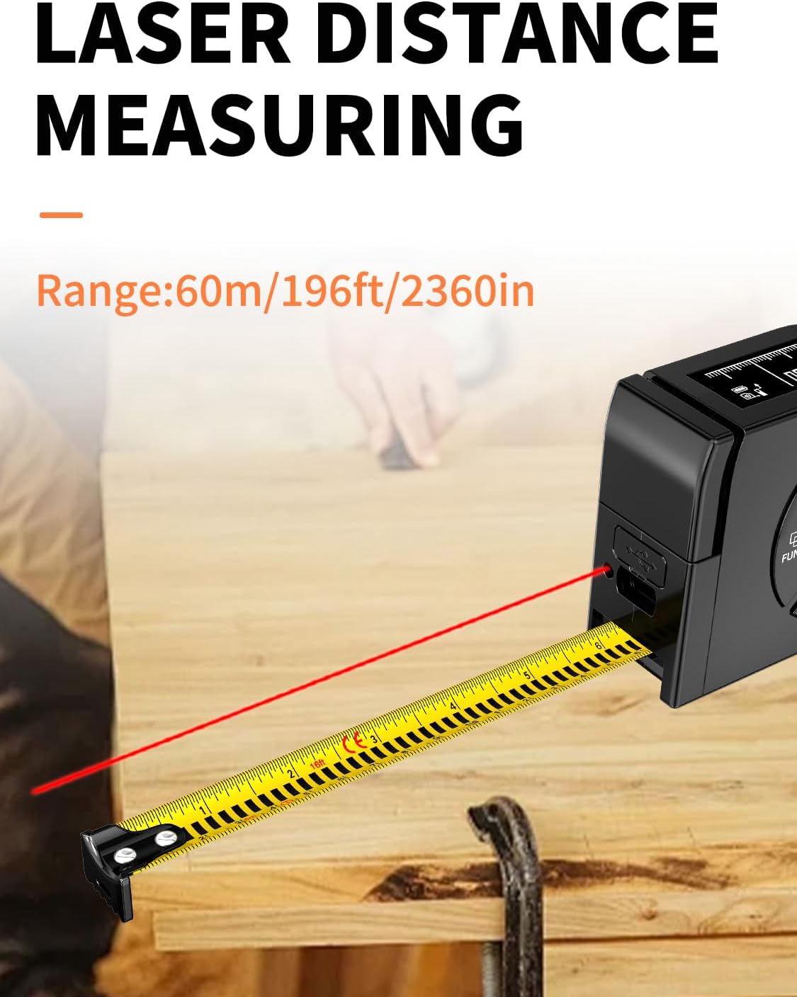 Laser Tape Measure 3-in-1, 196ft/60m Laser Distance Meter, 16ft/5m Digital Tape Measure, Regular Tape Measure, Area Volume Measuring Pythagorean Mode, Rechargeable