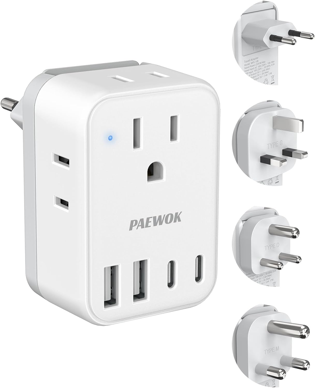 PAEWOK Travel Adapter Set with Type G/C/M/D Detachable Plug | European Travel Plug Adapter, 4 AC Outlets 4 USB Ports (2 USB C), US to UK/EU/South Africa/India, Universal Travel Adapter