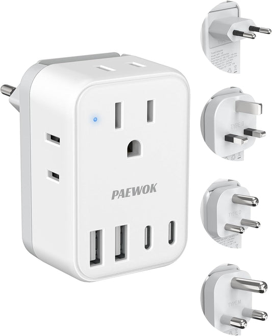 PAEWOK Travel Adapter Set with Type G/C/M/D Detachable Plug | European Travel Plug Adapter, 4 AC Outlets 4 USB Ports (2 USB C), US to UK/EU/South Africa/India, Universal Travel Adapter