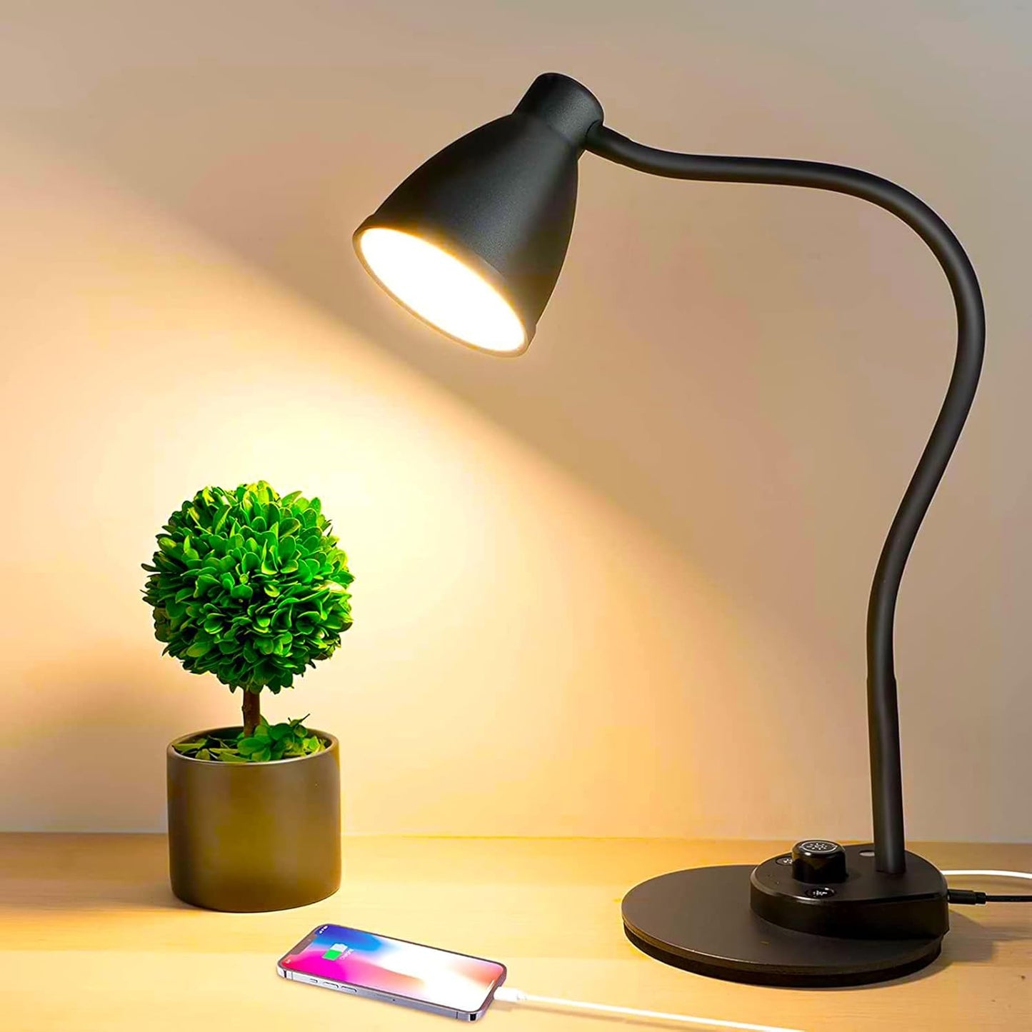 BOHON LED Desk Lamp with USB Charging Port 3 Color Modes Dimmable, Black | Reading Light Intelligent Induction Auto Dimming Task Lamp Neck Flexible Table Lamp for Bedside Office, AC Adapter Include