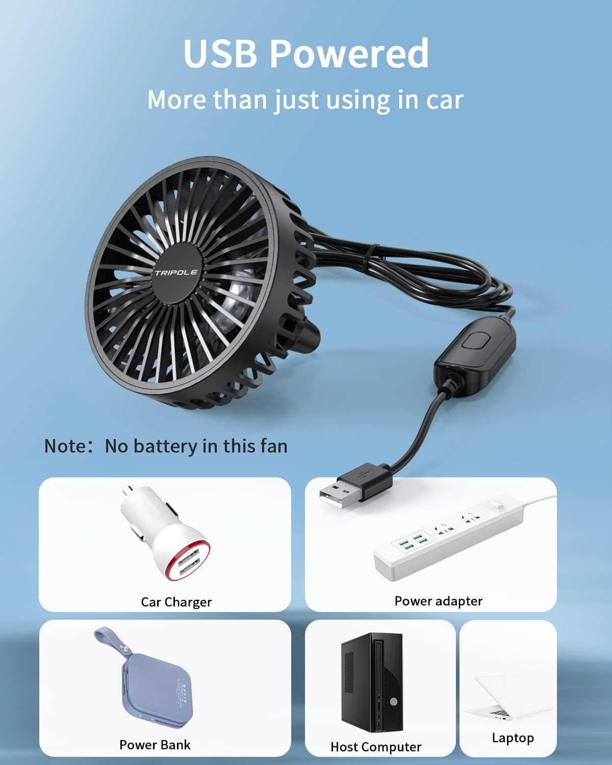 TriPole Car Fan USB Powered, 360°Rotation Portable Cooling Fan for Car Vent | 3-Speed USB Car Fan, Vent Clip Design, Powerful Wind, Quiet Brushless Motor, Air Circulation for Vehicle, Van, Truck, SUV, RV