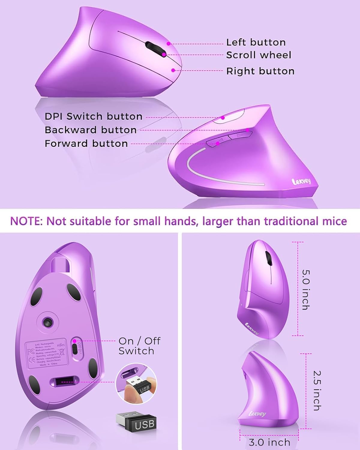 Lekvey Ergonomic Mouse, Rechargeable Vertical Wireless Mouse, Purple | USB-C Charging, 2.4G USB Wireless, Plug & Play, 3 DPI (800/1200/1600), Quiet Clicks, Carpal Tunnel Mouse, for Laptop, PC, Mac