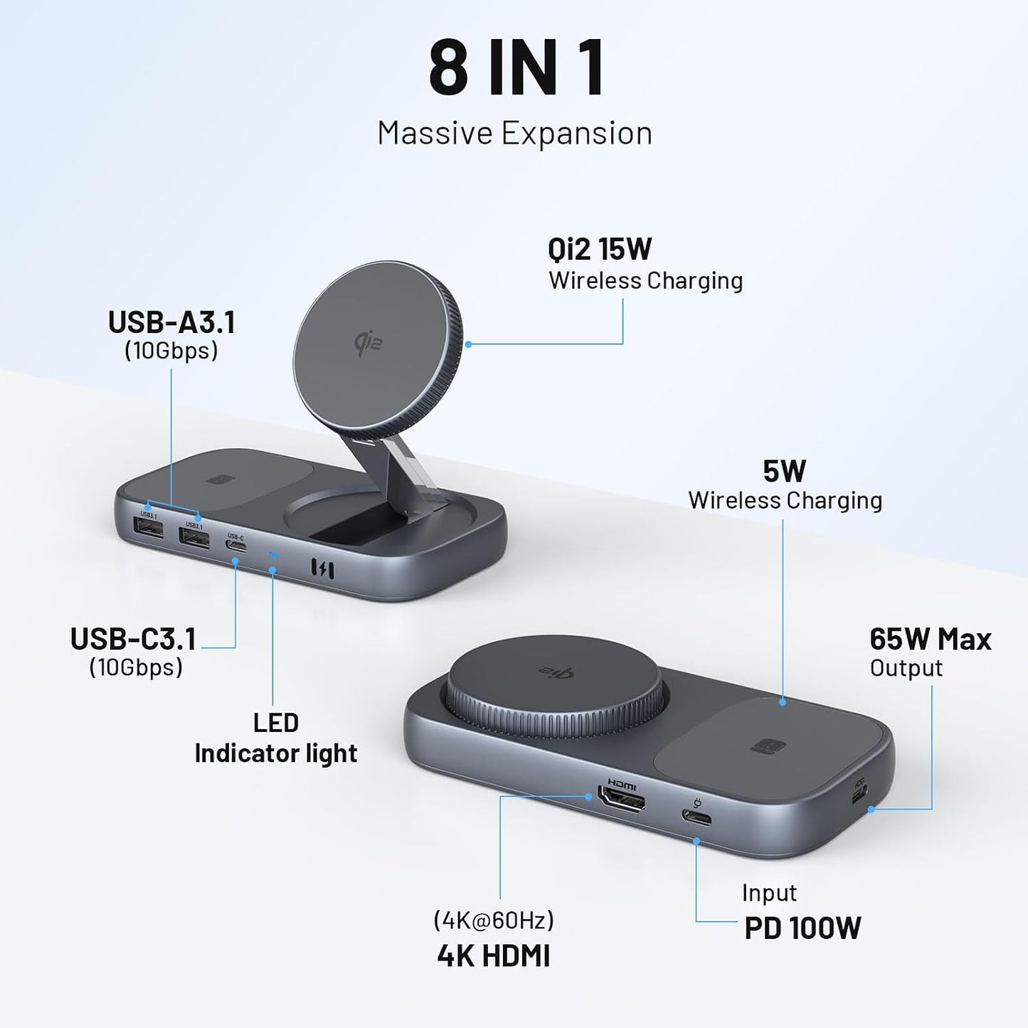 Selore USB C Hub with Wireless Charging for MacBook: 4K@60Hz HDMI, 100W PD, 15W Qi2 + 5W Wireless, 10Gbps Ports, iPhone Mirroring Docking Station & Magsafe Stand, Space-Saving Desk Organizer