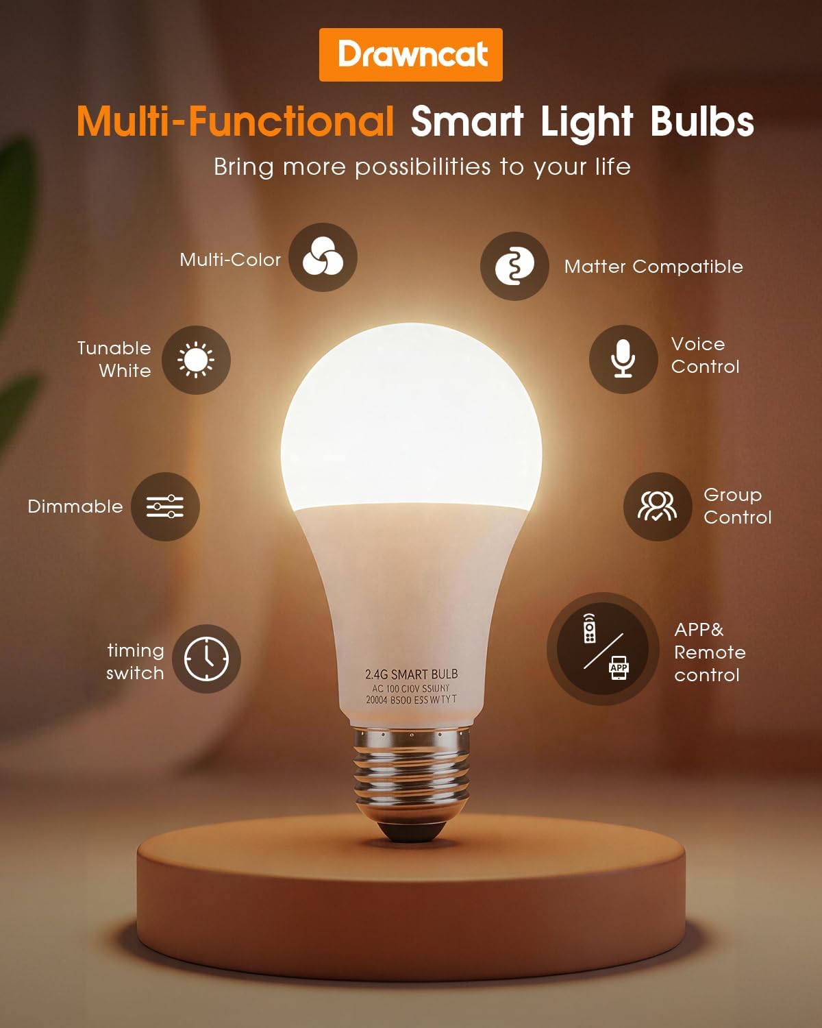 A19 Smart LED Light Bulb with App Control & Remote, Bluetooth, 3 Color Temperatures (3000K/4500K/6500K), 5%-100% Dimmable, 800LM 9W (60W Equivalent), E26 Base, No Hub Required