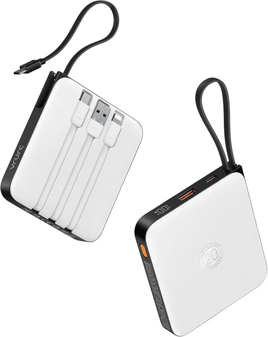 VRURC Battery Pack Portable Charger 10000mAh, 22.5W Fast Charging | Power Bank with Built-in Cable, LED Display for Cell Phone, for iPhone 17 16 15, Samsung Galaxy and USB-C Devices (White)