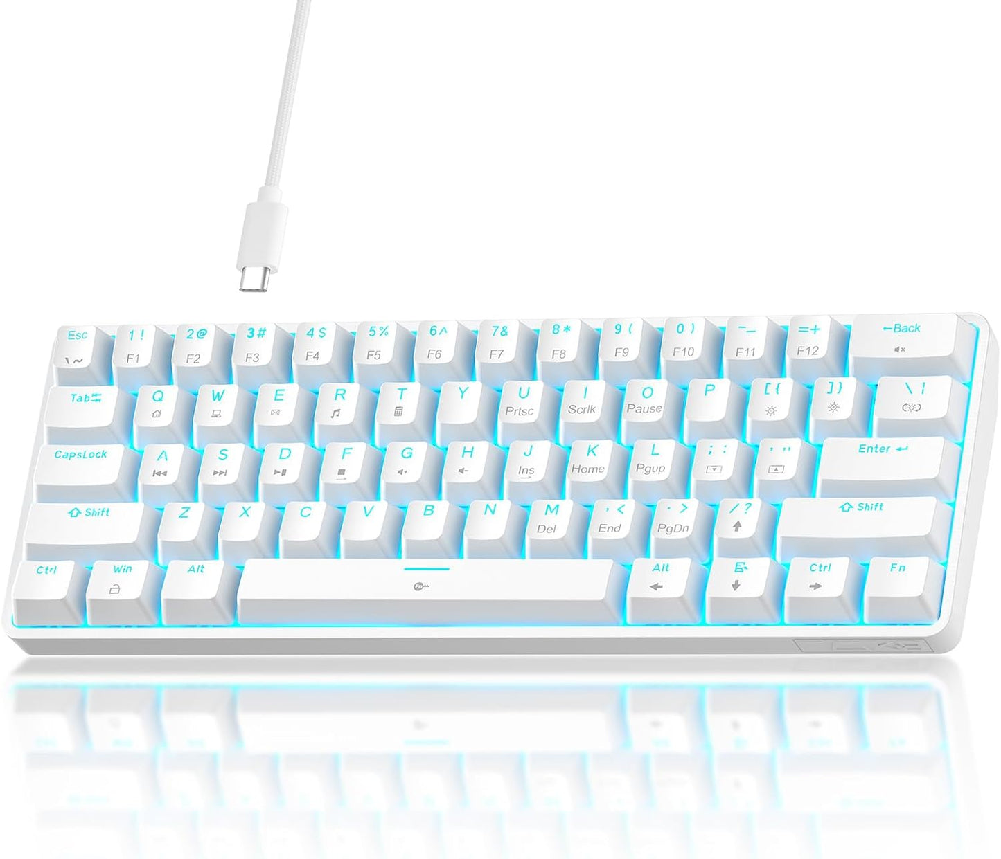 TMKB 60% Mechanical Gaming Keyboard, Red Linear Switch, Wired, White | LED Backlight, Anti-Ghosting, Detachable USB-C, Double-Shot Keycaps, 61 Keys