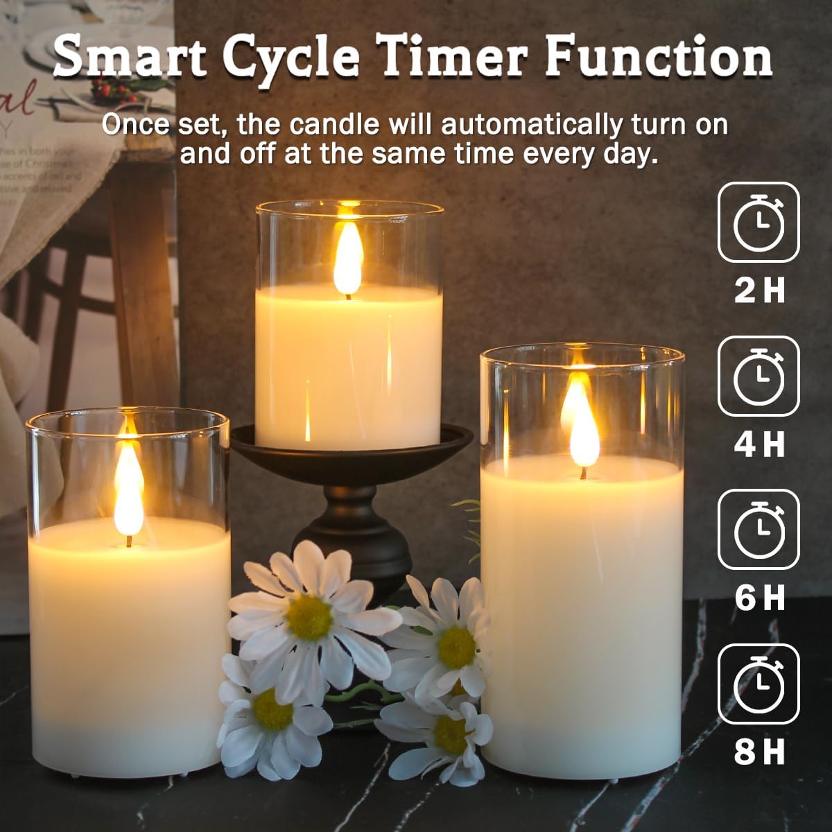 Glass Rechargeable LED Flickering Flameless Candles with Remote and Timer | Fake Candles Flickering Warm LED Flame for Centerpiece Table Decorations, Halloween, Christmas & Home Fall Decor (Pack of 3)