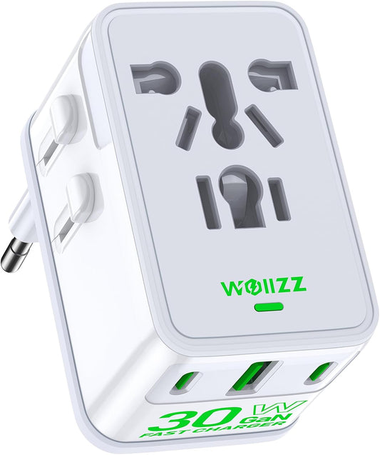 Travel Adapter, 30W GaN Fast Charging European Plug Adapter Worldwide Universal Charger with 4 Ports 1 AC, 1 USB-A, and 2 USB-C Ports Plug Adapter for USA European UK AUS Japan, White