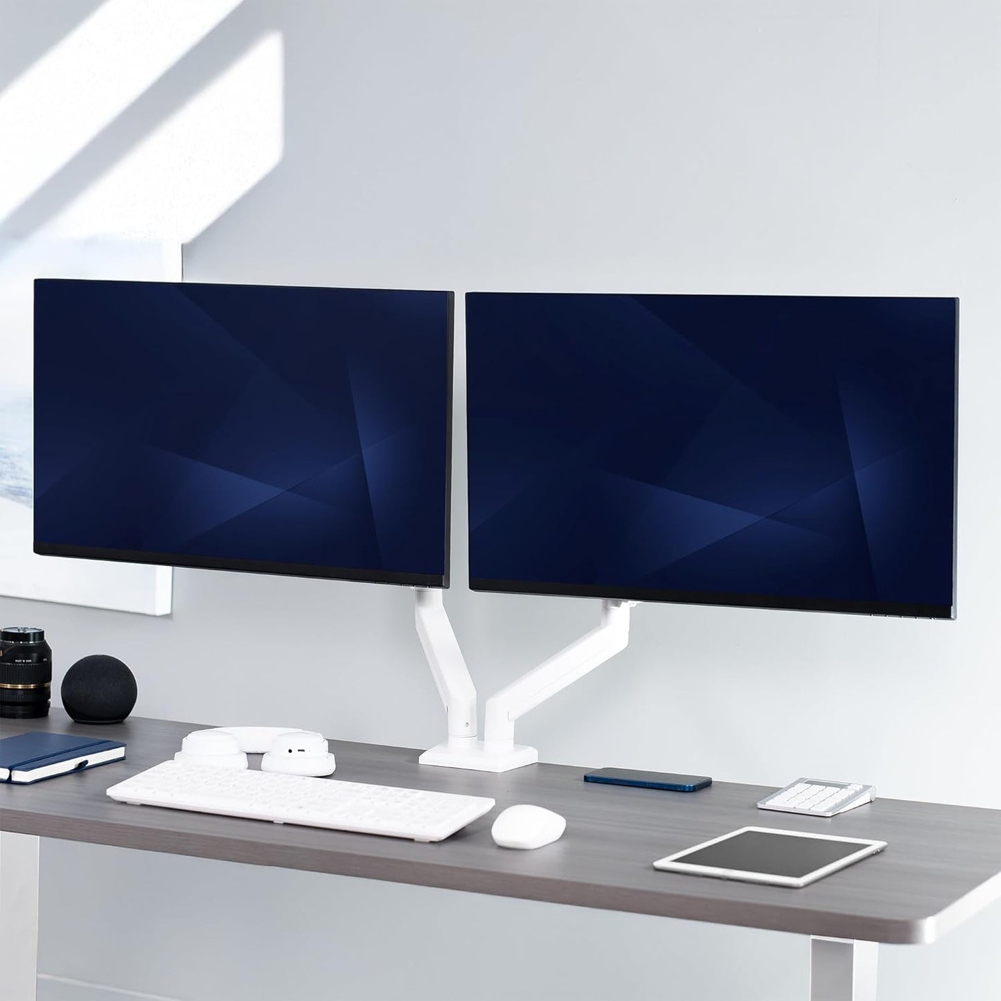VIVO Aluminum Articulating Dual Monitor Arm for 13 to 30 inch Screens, Desk Mount Tension Spring Monitor Stand for 2 Screens, White, STAND-V102OW