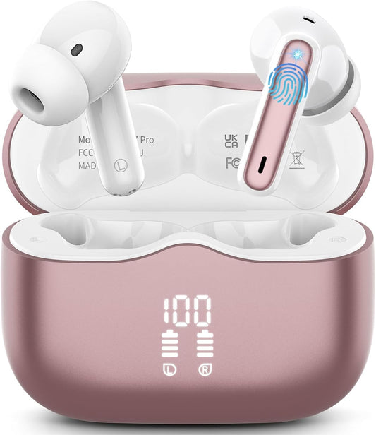 Wireless Earbuds, 2026 Bluetooth 5.4 Headphones in Ear with 4 ENC Noise Cancelling Mic, New Wireless Earphones HiFi Stereo Deep Bass 40H Playtime, In-Ear Bluetooth Earbuds LED, IP7, USB-C, Pink