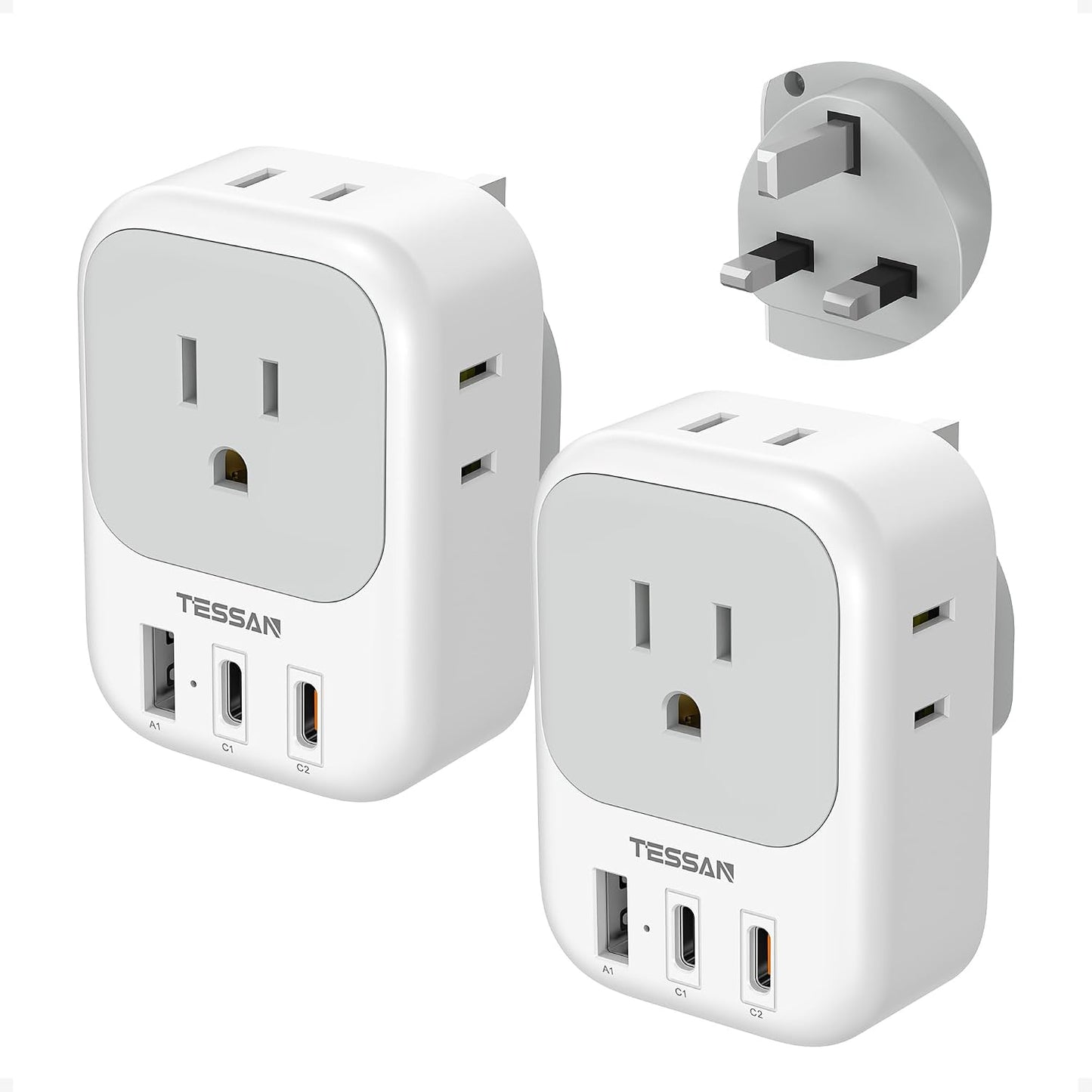 TESSAN UK Travel Adapters PD 20W, 2 Pack Type G | 4 Outlets 3 USB (2 USB-C), US to UK Ireland London Scotland England, Kenya Dubai Singapore Hong Kong