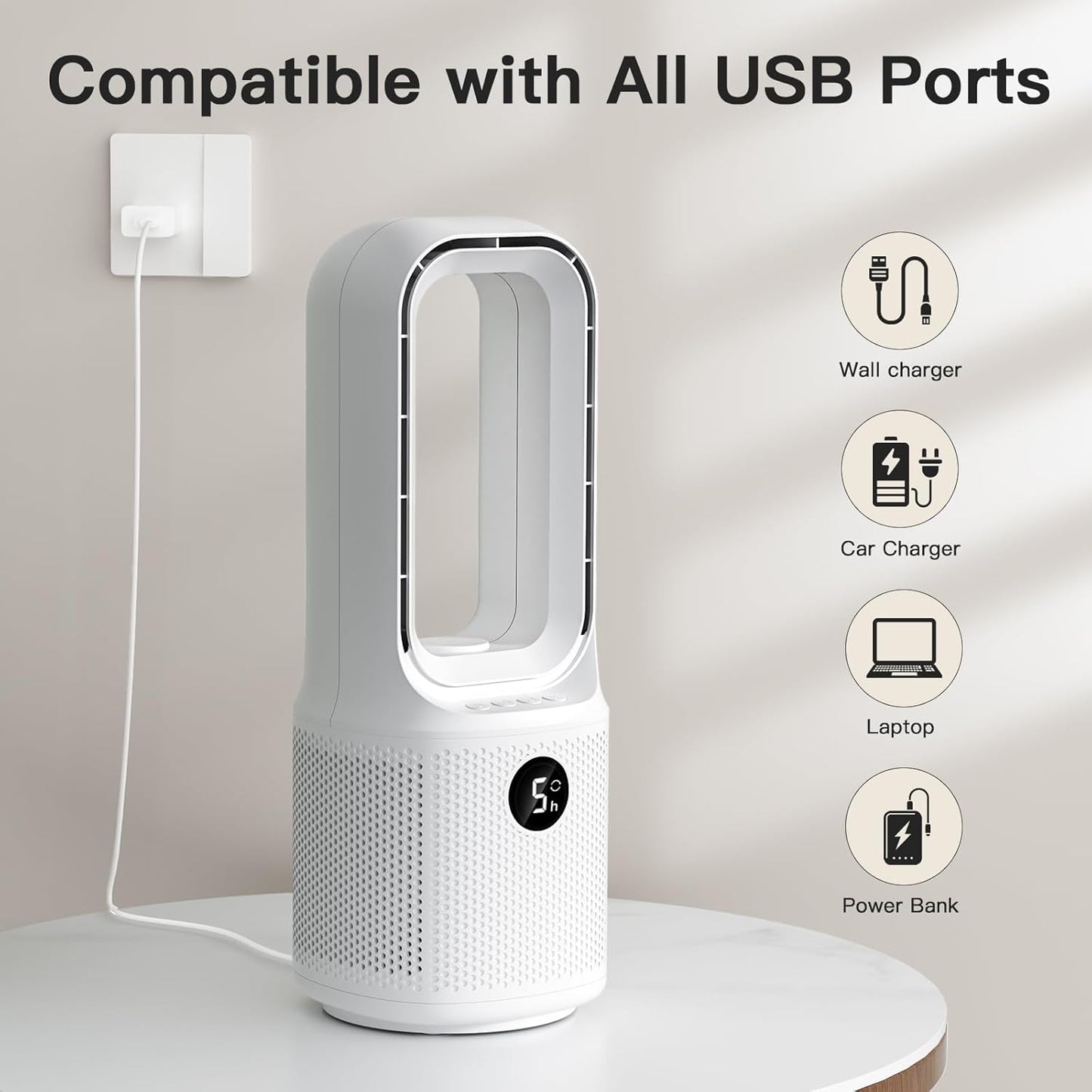let'me Bladeless Desk Fan Small Quiet,5-Speed Bedside Table Fan with 3-Level Brightness Night Light, 72° Oscillation, 9-Hour Timer, Wired Power with Adapter,Fan for Bedroom Office Home,13x5 Incn