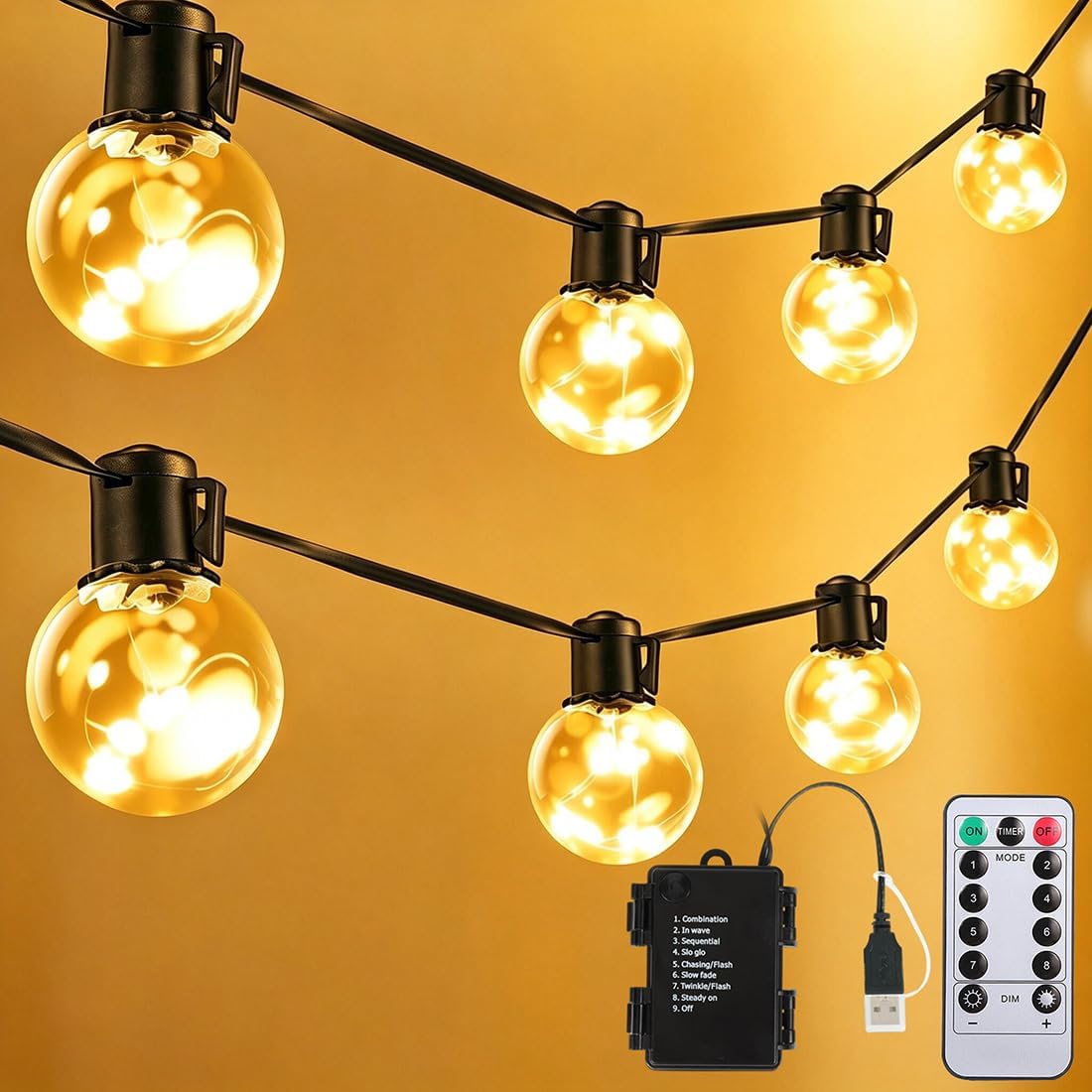 30ft Outdoor String Lights Battery Powered, 20 G40 LED Patio Bulbs | Warm White,Dimmable,Remote,Timer,IP65 Waterproof Hanging Globe Bulb Shatterproof for Backyard Balcony Bistro Christmas Decor