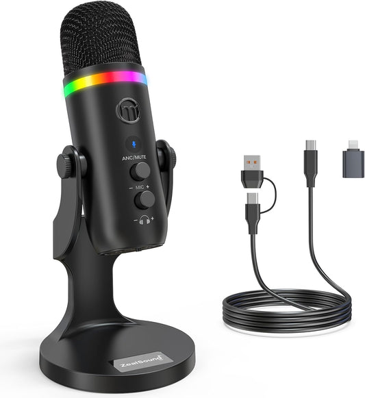 ZealSound Podcast Microphone for PC, USB Mic with Noise Reduction, Tap-to-Mute, Gain & Echo Controls, Zero-Latency Monitoring, RGB Lighting for Mac, iPhone, iPad, Live Streaming & Voice-Over K66 Pro