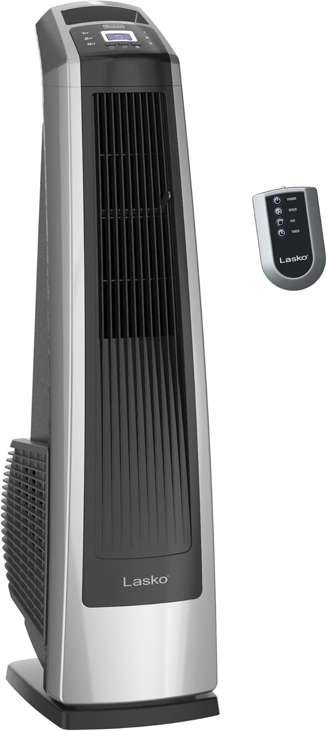 Lasko High Velocity Oscillating Tower Fan - 35" - U35115 - Silver/Black | Remote Control, Quiet Standing Fan for Bedroom, Office, and Home, 3 Speeds, Powerful Cooling Air